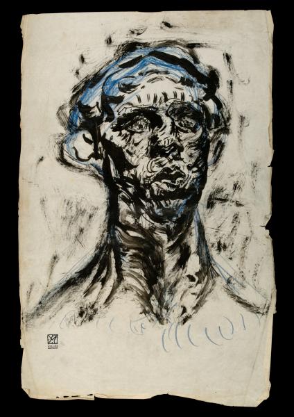 N°447. Tête hallucinée, 1932-34. Gouache noire et crayon bleu. H.440 ; L.285. Non signé. Cachet de l'atelier de l'artiste en bas à gauche.   © DP 