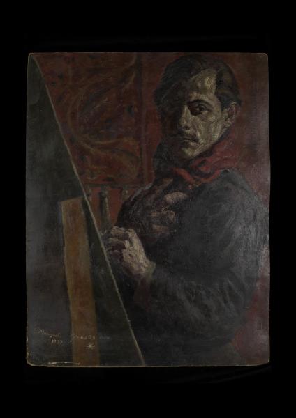 N°1009. Autoportrait à l'écharpe rouge, 1933. Huile sur carton, H.696 ; L.540. 