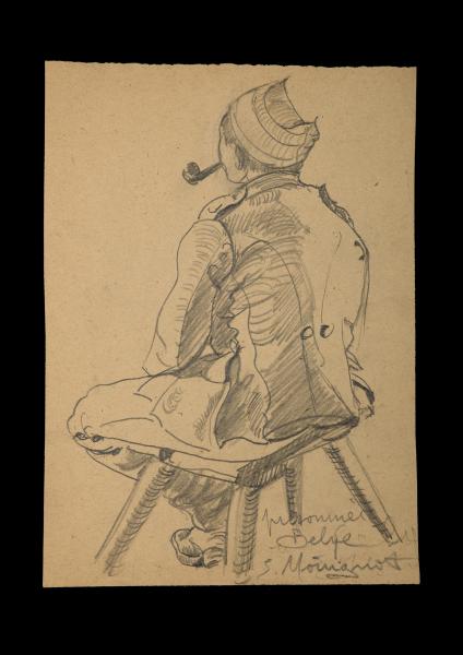 N°459. Le prisonnier belge. Mine de plomb, H.190 ; L.135. Signé E.Moirignot en bas à droite et annoté "prisonnier Belge". 